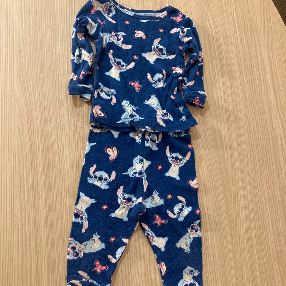 Disney Stitch Pajama Set 12 Months Long Sleeve and Pants Dark Blue Butterflies